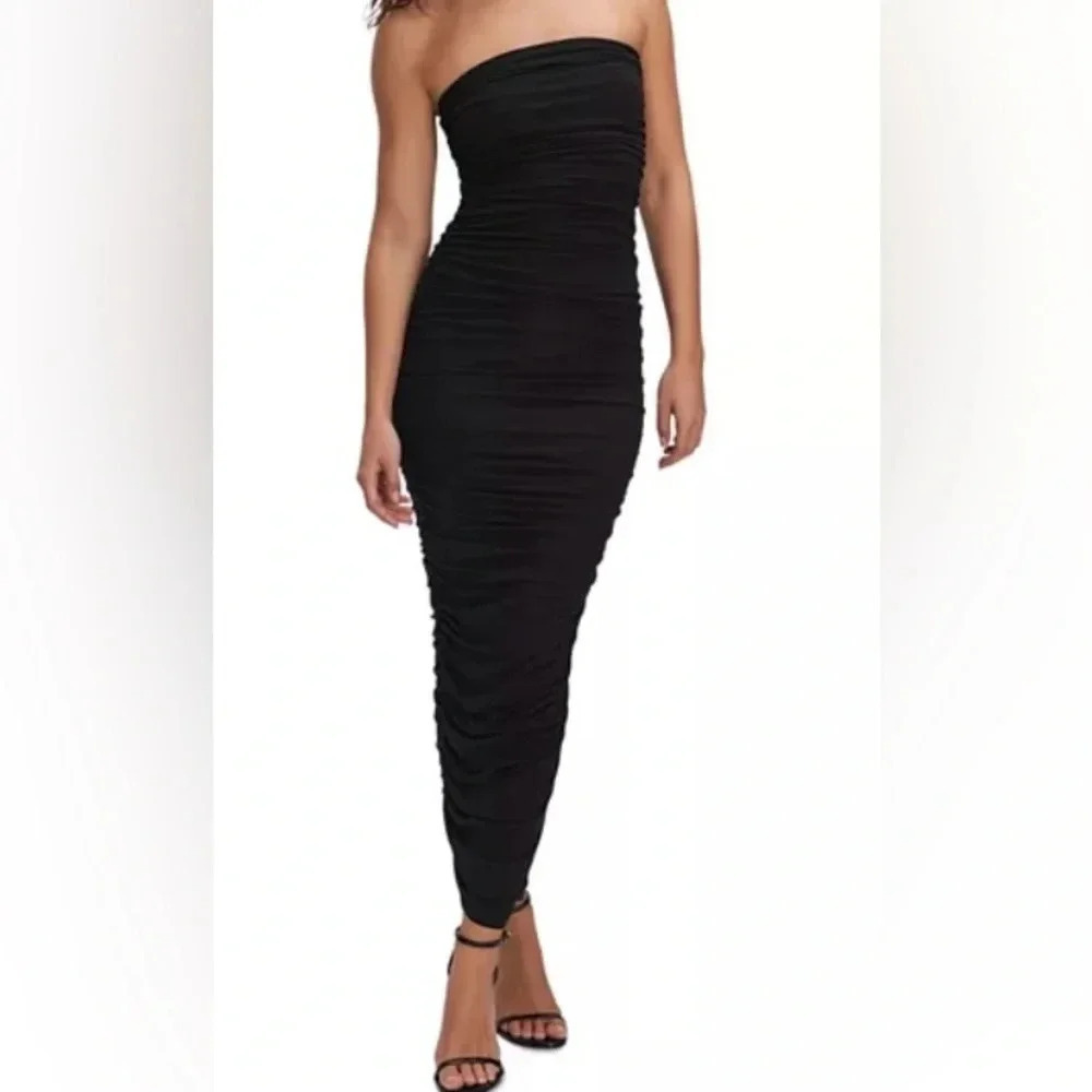 Good American Sheer Ruched Tube Maxi Dress Size 4 Strapless EUC